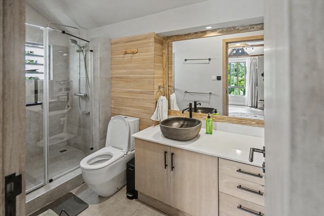 Ensuite bathroom with walk-in shower and stone basin